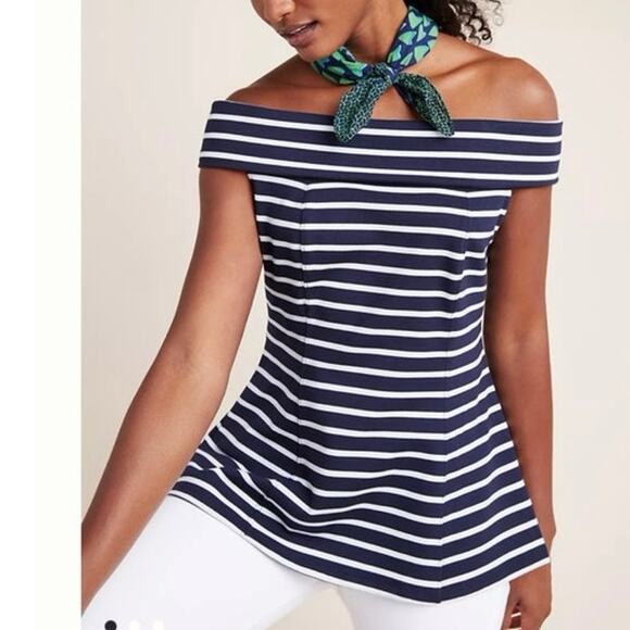 Maeve x Anthropologie Navy Blue White Stripe Structured Off The Shoulder Top XS - Picture 1 of 9